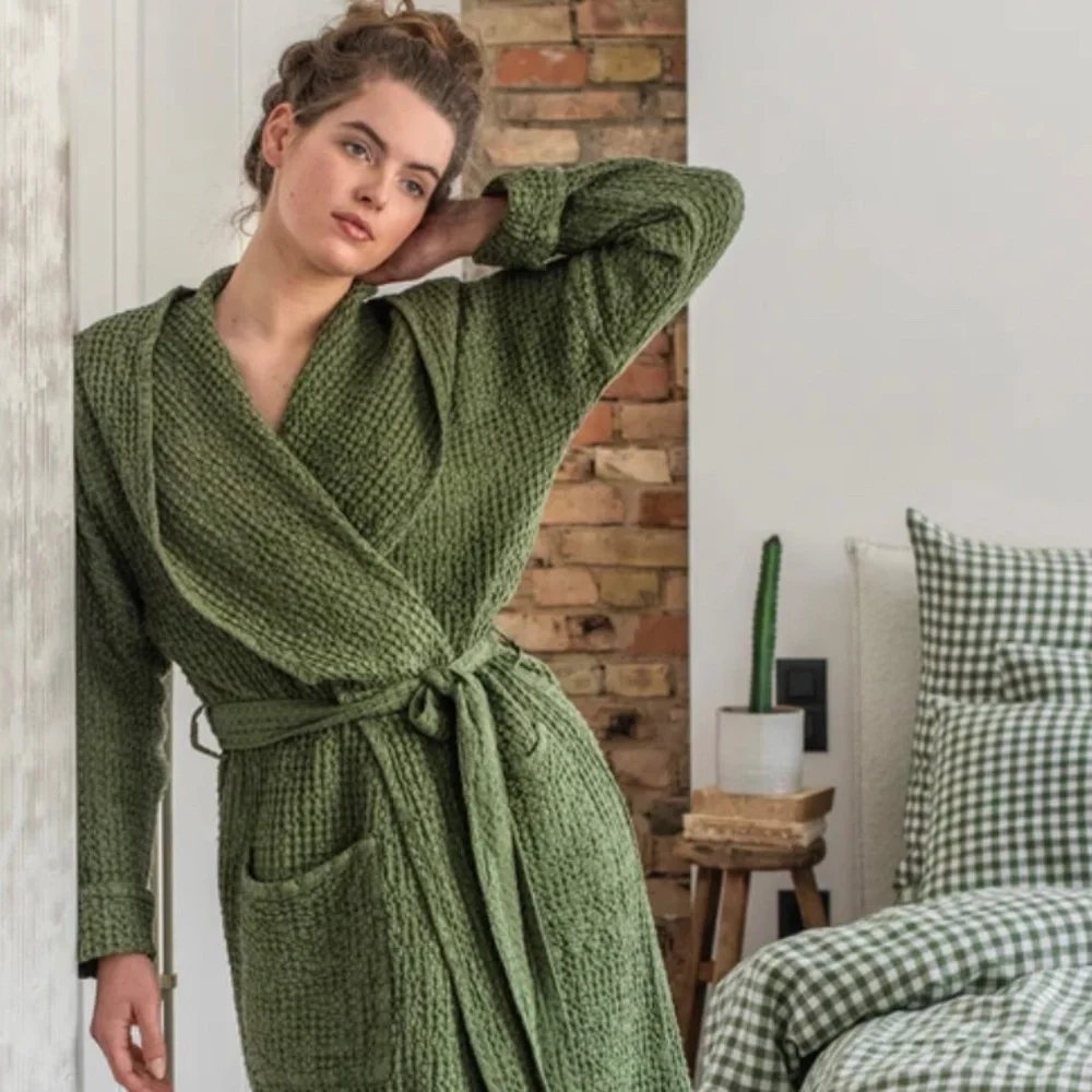 Magic Linen L/XL Green Waffle hooded Robe - Picture 1 of 11